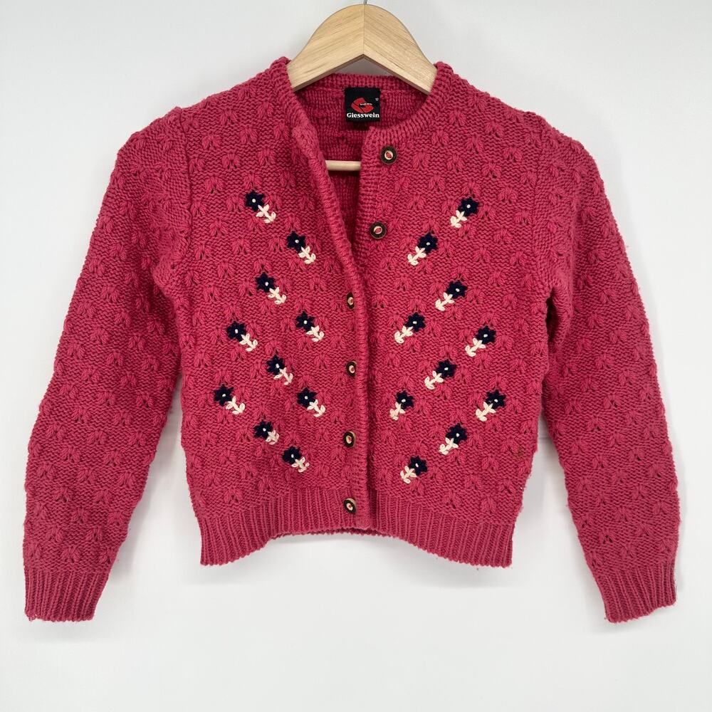 Giesswein Girls Cardigan Floral Embroidered Chunky Knit Sweater Cottagecore Pink